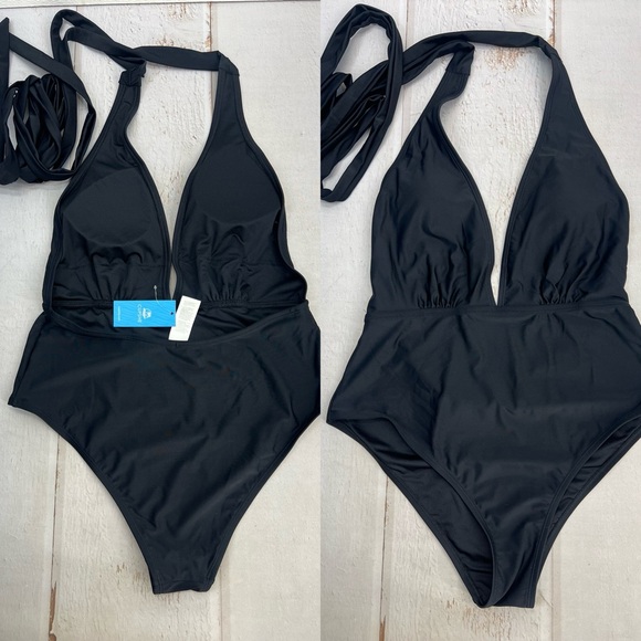 NWT Women's Deep V Neck Crisscross Back Self Tie One-piece Swimsuit SIZE LARGE - Picture 15 of 17